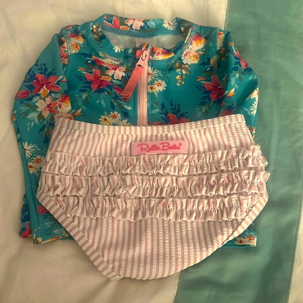 RuffleButts Swimsuit with Rash guard Floral and Pink pinstripe Pattern